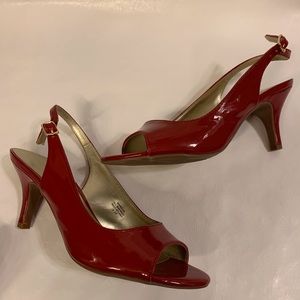 Kelly & Kate red patent leather open toe pumps